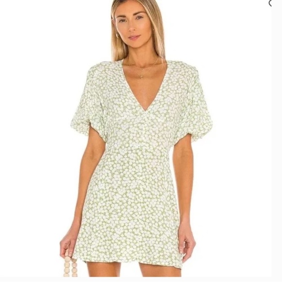 FAITHFULL THE BRAND Ilia Mini Dress Green White Floral V Neck Size 10 XL Revolve - Picture 1 of 9
